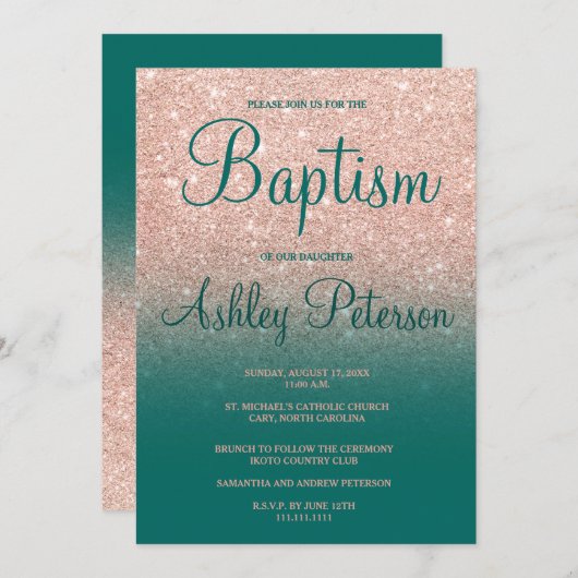 バラ金ゴールドフェイクグリッター緑グラデーション洗 招待状 (正面/裏面)