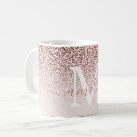 バラ金ゴールドフェイクグリッター質感グラデーションピンク コーヒーマグカップ (正面左)