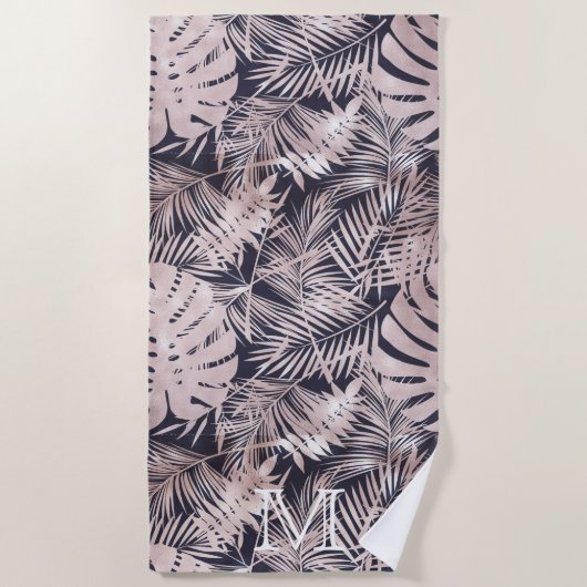バラ金ゴールドフェイク箔熱帯葉モノグラム ビーチタオル (正面)
