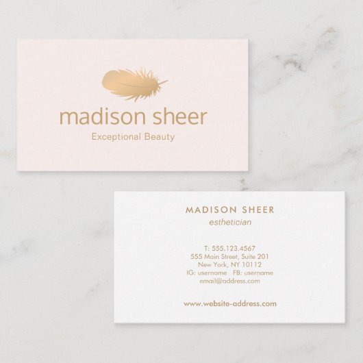 バラ金ゴールドフェザーライトピンクエステティシャンスキンケア 名刺 (正面/裏面)