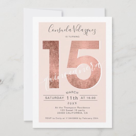 バラ金ゴールドフォイルスクリプト赤面キンセアニェラ写真 招待状 (正面)