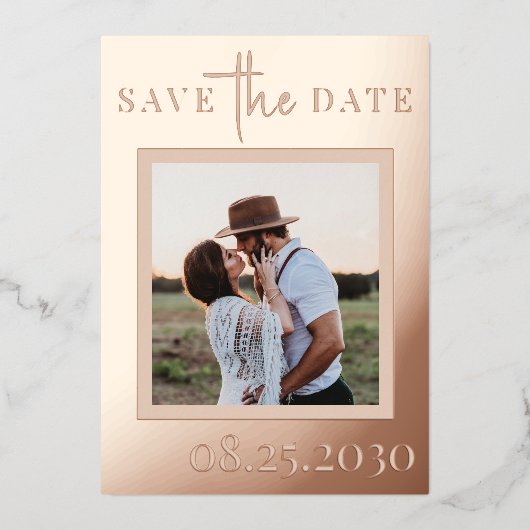 バラ金ゴールドフォイルモダンフォトウェディング日付を保存 箔招待状 (正面)