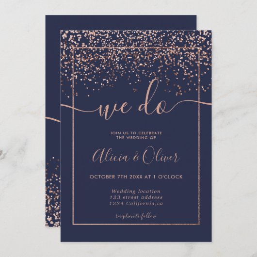 バラ金ゴールドフォイル海軍ブルーシックイニシャル結婚ズ 招待状 (正面/裏面)