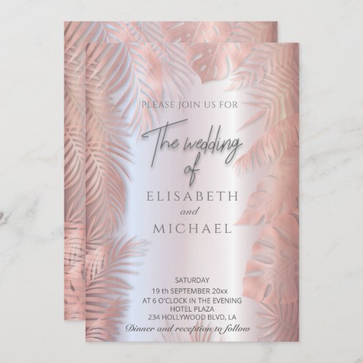 バラ金ゴールドフォイル金属熱帯熱葉帯ロマティック 招待状 (正面/裏面)