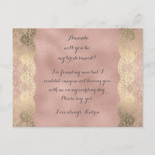 バラ金ゴールドフォキシアーレース私のブライドメイド インビテーションポストカード (正面)