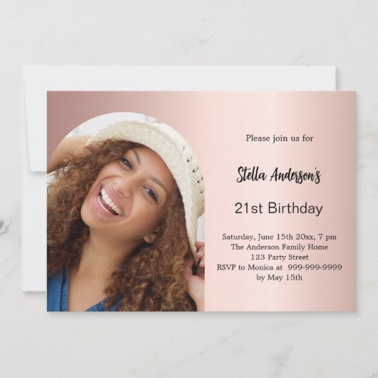 バラ金ゴールドフォトアーチ誕生日 招待状 (正面)