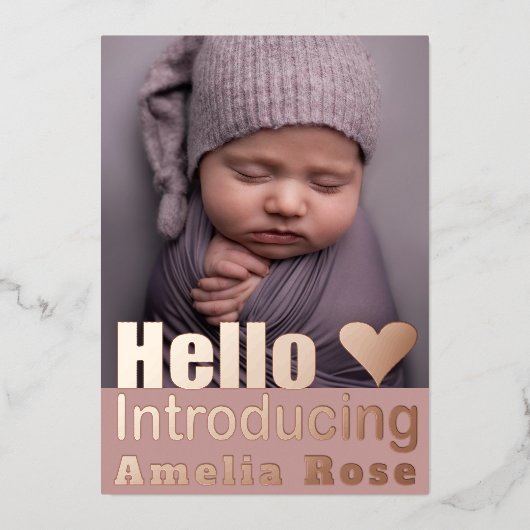 バラ金ゴールドフォトコラージュHelloベビー発表 箔招待状 (正面)