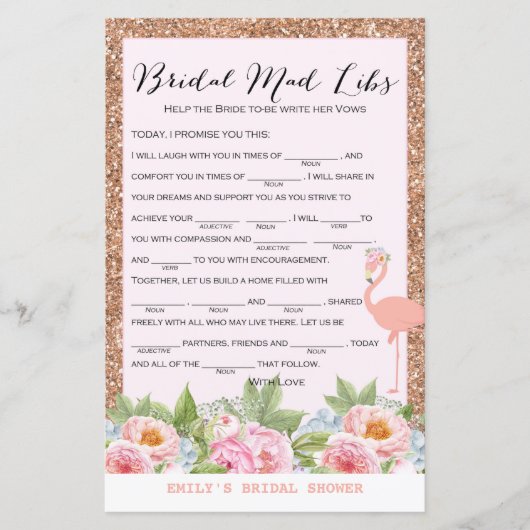 バラ金ゴールドフラミンゴブライダルシャワーゲームプリント (正面)