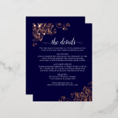 バラ金ゴールドフリルオンネイビーエレガントウェディング詳細 箔招待状ポストカード (正面/裏面)