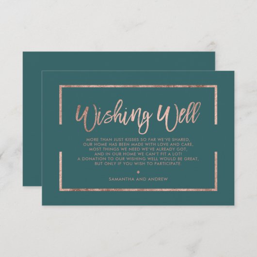 バラ金ゴールドフレームスクリプトグリーンティール(緑がかった色)ウィングウェル エンクロージャーカード (正面/裏面)