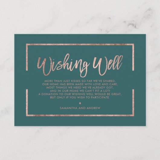 バラ金ゴールドフレームスクリプトグリーンティール（緑がかった色）ウィングウェル エンクロージャーカード (正面)