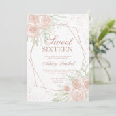 バラ金ゴールドフレームピンクフローラ水色Sweet 16 招待状 (スタンド正面)