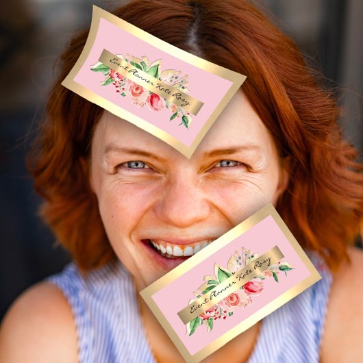 バラ金ゴールドフレームミントピンクフローラメイクアップ 名刺