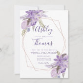 バラ金ゴールドフレーム紫フローラ水色結婚の 招待状 (正面)