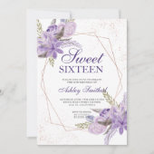 バラ金ゴールドフレーム紫フローラ水色Sweet 16 招待状 (正面)