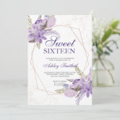 バラ金ゴールドフレーム紫フローラ水色Sweet 16 招待状 (スタンド正面)