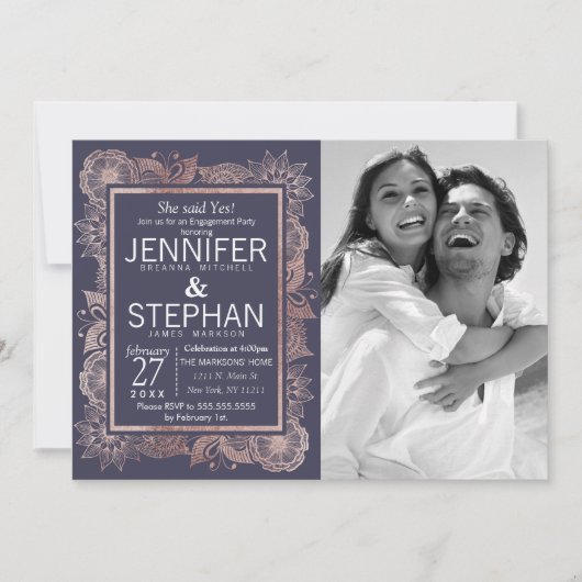 バラ金ゴールドフローラとネイビーブルー婚約 招待状 (正面)