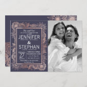 バラ金ゴールドフローラとネイビーブルー婚約 招待状 (正面/裏面)