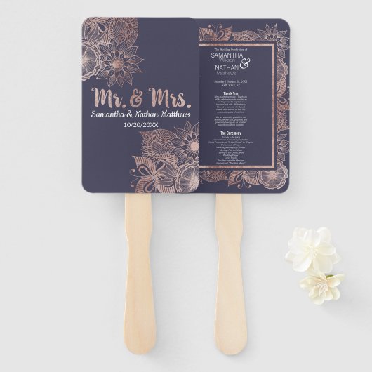 バラ金ゴールドフローラとネイビーブルー結婚式 プログラム ハンドファン (正面&裏面)