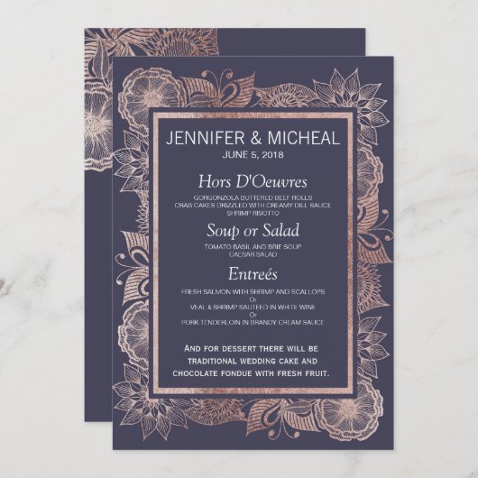 バラ金ゴールドフローラとネイビー結婚ブルーのメニュー メニュー (正面/裏面)