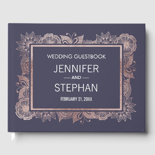 バラ金ゴールドフローラとネイビー結婚ブルーズゲストブック ゲストブック (正面)