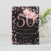 バラ金ゴールドフローラと紙吹雪50誕生日ブラック 招待状 (スタンド正面)
