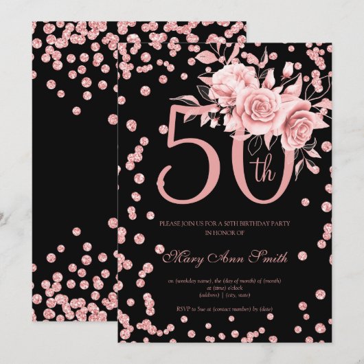 バラ金ゴールドフローラと紙吹雪50誕生日ブラック 招待状 (正面/裏面)