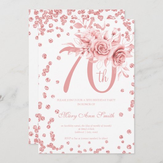 バラ金ゴールドフローラと紙吹雪70歳の誕生日パーティー 招待状 (正面/裏面)