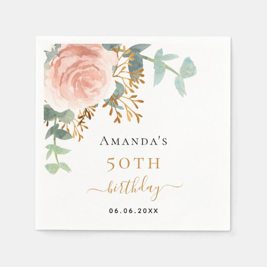 バラ金ゴールドフローラの緑のエレガント誕生日 スタンダードカクテルナプキン (正面)