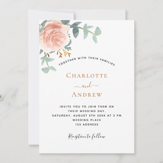 バラ金ゴールドフローラの緑結婚の写真 招待状 (正面)