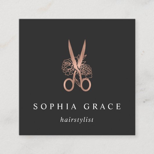 バラ金ゴールドフローラはさみロゴヘアスタイリスト スクエア名刺 (正面)