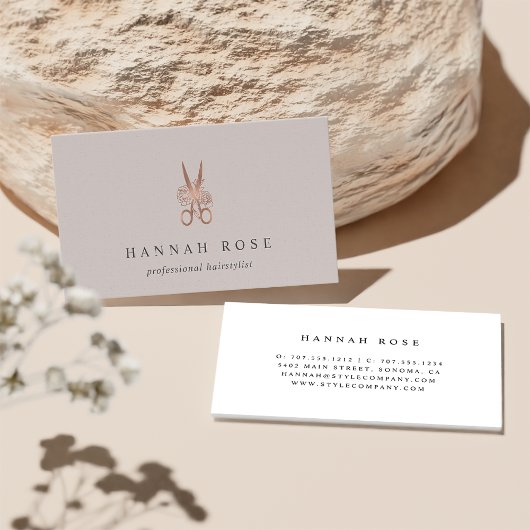 バラ金ゴールドフローラはさみロゴヘアスタイリスト 名刺