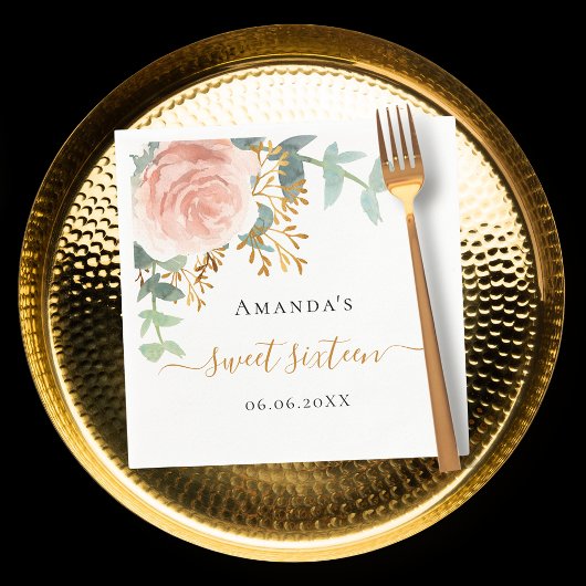 バラ金ゴールドフローラエレガントグリーンリーSweet 16 スタンダードカクテルナプキン
