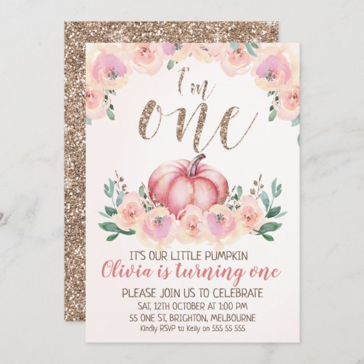 バラ金ゴールドフローラカボチャ1st誕生日招待状 招待状 (正面/裏面)