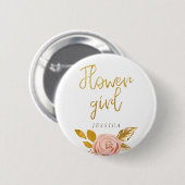 バラ金ゴールドフローラグリッターフラワーガールボタン 缶バッジ (正面&裏面)