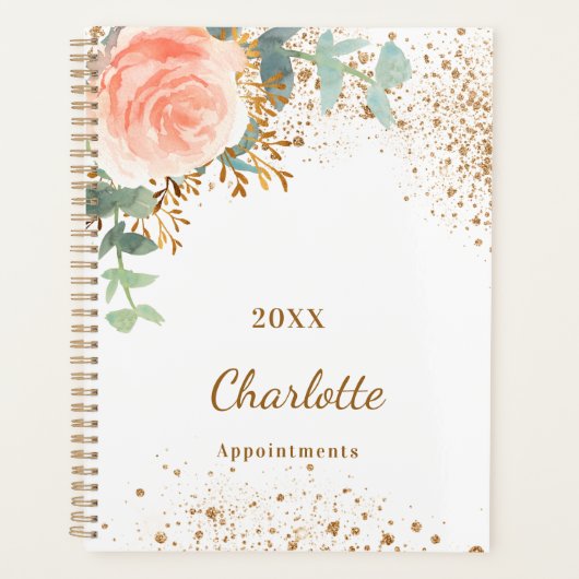 バラ金ゴールドフローラグリッターユーカリプトゥスモノグラム2024 プランナー手帳 (正面)