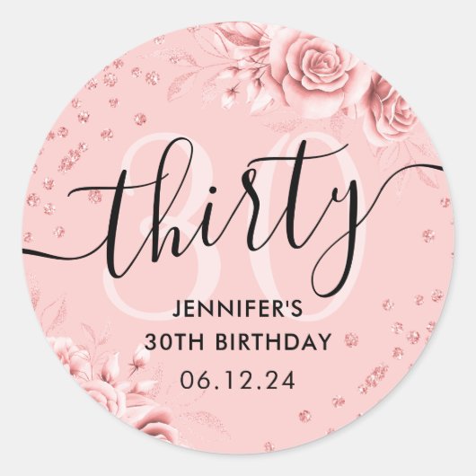 バラ金ゴールドフローラグリッター30th Birthday Script ラウンドシール (正面)