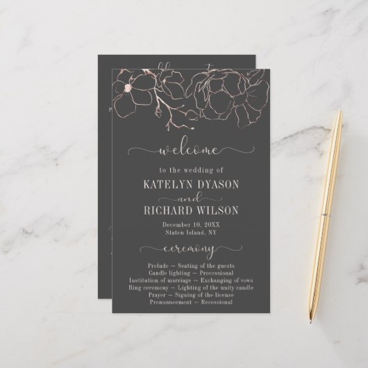 バラ金ゴールドフローラシルエット結婚式 プログラム (正面/裏面インサイチュ)