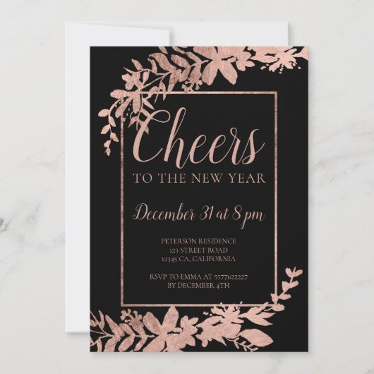 バラ金ゴールドフローラタイポグラフィの新年への応援 招待状 (正面)