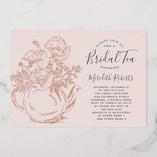 バラ金ゴールドフローラティーポット赤面ピンクブライダルティー実在 箔招待状 (正面)