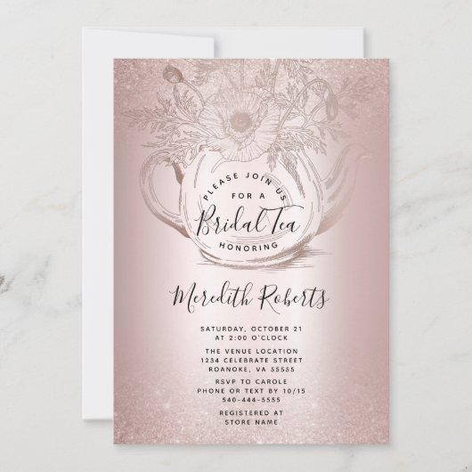 バラ金ゴールドフローラティーポット赤面フォイルブライダル茶 招待状 (正面)