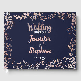 バラ金ゴールドフローラネイビーブルーブラシスクリプトゲストブック ゲストブック