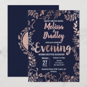バラ金ゴールドフローラネイビーブルーブラシスクリプト夕べ 招待状 (正面/裏面)