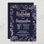 バラ金ゴールドフローラネイビーブルーブラシスクリプト誕生日 招待状 (正面/裏面)