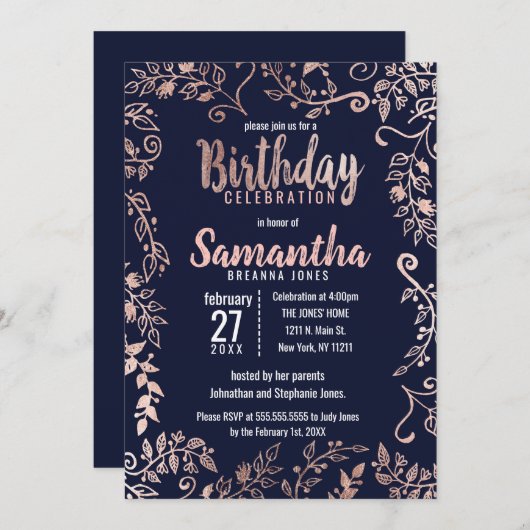 バラ金ゴールドフローラネイビーブルーブラシスクリプト誕生日 招待状 (正面/裏面)