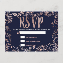 バラ金ゴールドフローラネイビーブルーブラシスクリプトRSVP インビテーションポストカード