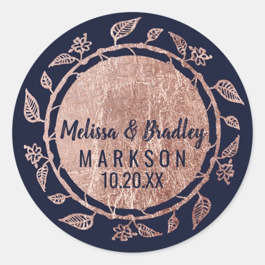 バラ金ゴールドフローラネイビーブルーブラシスクリプ結婚ト ラウンドシール (正面)
