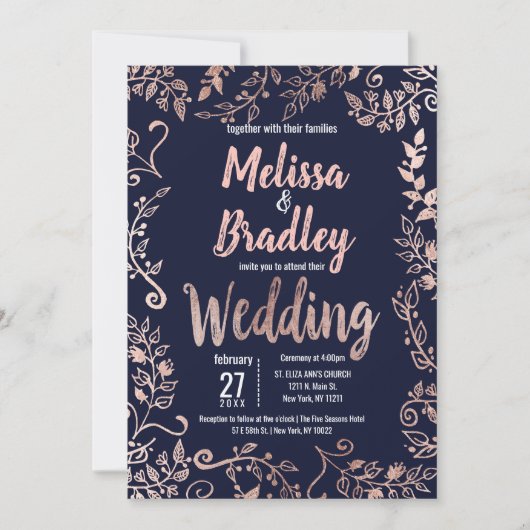 バラ金ゴールドフローラネイビーブルーブラシスクリプ結婚ト 招待状 (正面)