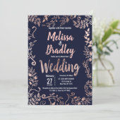 バラ金ゴールドフローラネイビーブルーブラシスクリプ結婚ト 招待状 (スタンド正面)