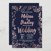 バラ金ゴールドフローラネイビーブルーブラシスクリプ結婚ト 招待状 (正面/裏面)